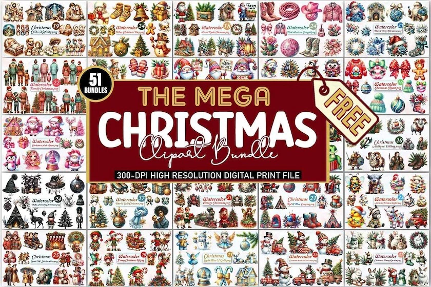 Get The Mega Christmas Clipart Bundle for free[300 Graphics valued at $345]