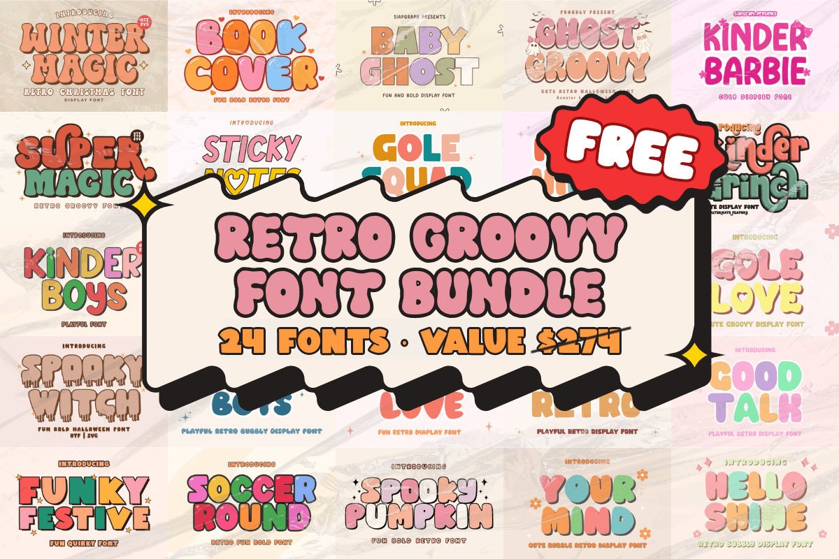 Get Retro Groovy Font Bundle for free[24 fonts valued at $274]